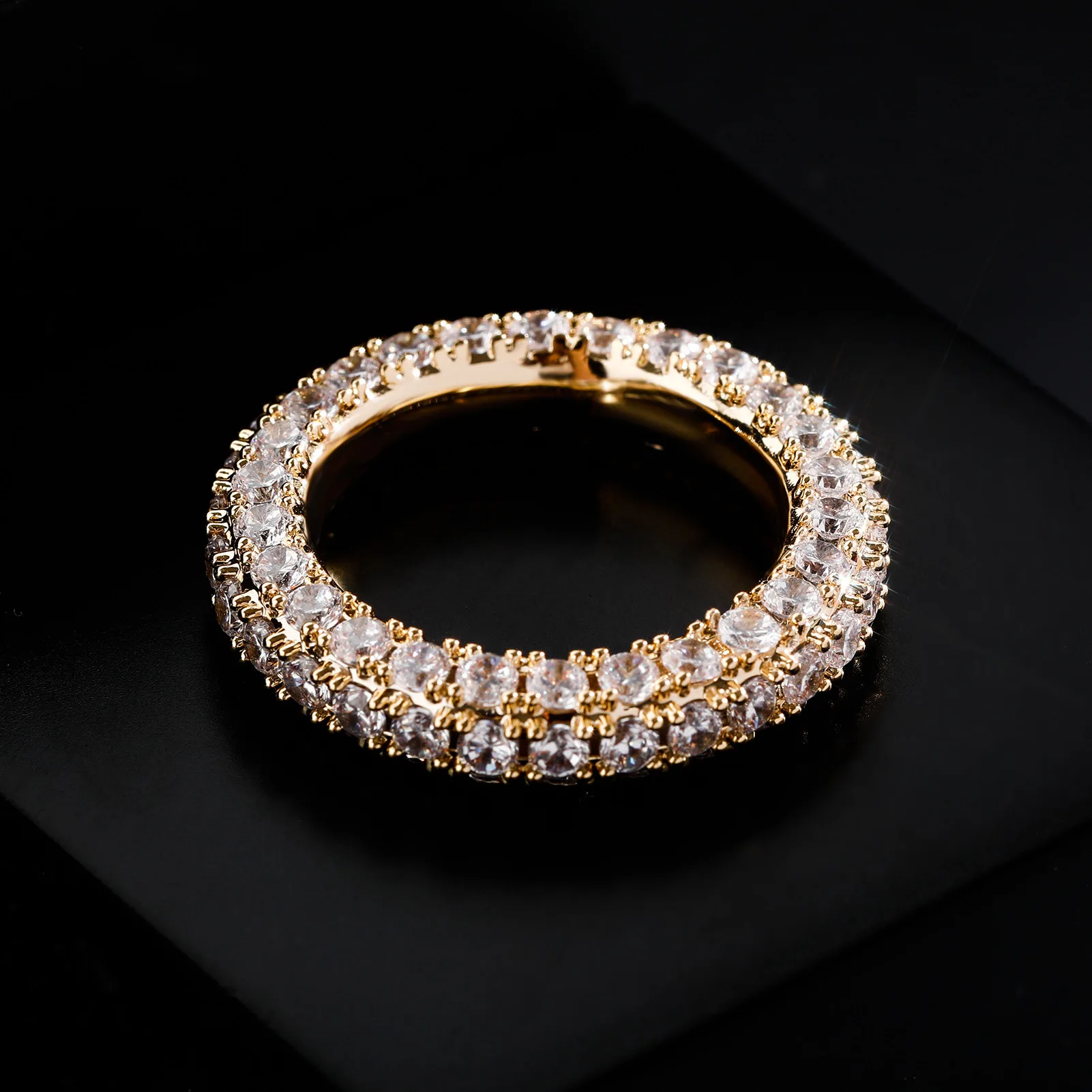 Hip-hop Narrow Couples Rings Copper Gold-plated Micro-inlaid Ring Rap Trendy Men's Accessory Three-sided Zircon Inlaid Jewelry