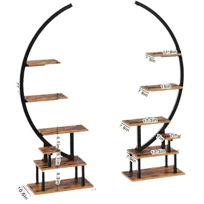 Steel and wood furniture Semi-circular indoor flower stand Half moon multi-layer shelf 6-layer curved ladder