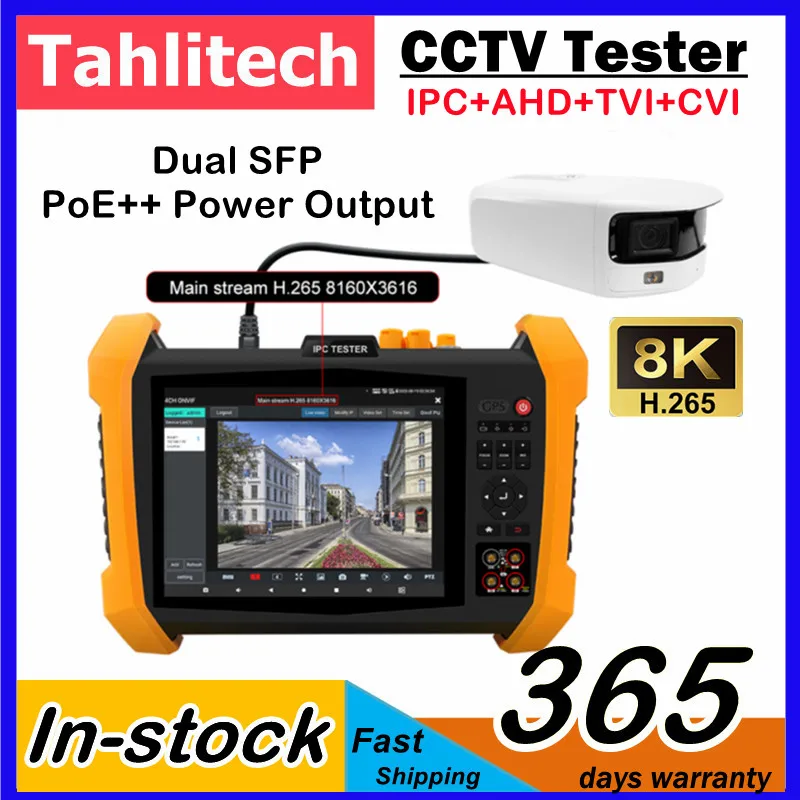 

8K H.265 IP Camera CCTV Tester IP / Analog / CVI / TVI / AHD/ HDMI / VGA / SFP / 55V PoE++ power output, max power 90W