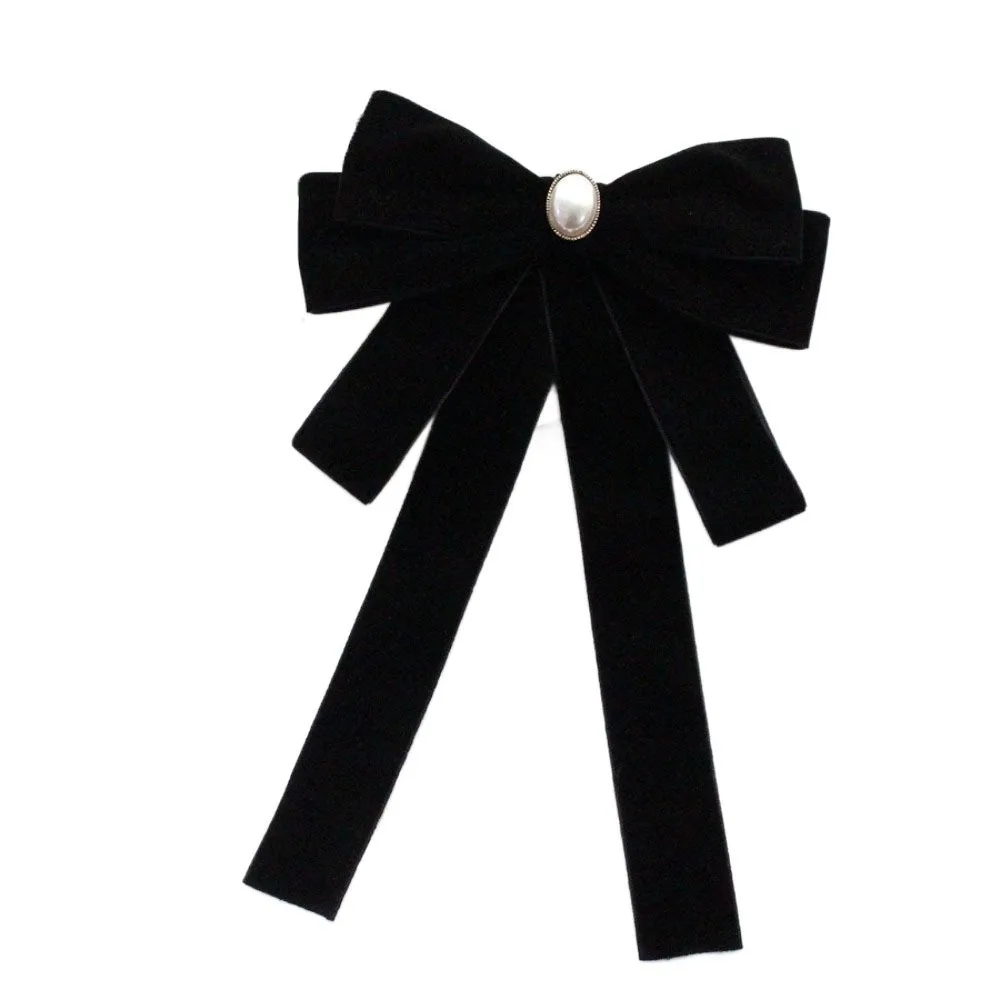 Elegant Velvet Black Ribbon Pin Beads Rhinestones Black Bow Necktie Pearl Pin Ribbon Badge Brooch Parties