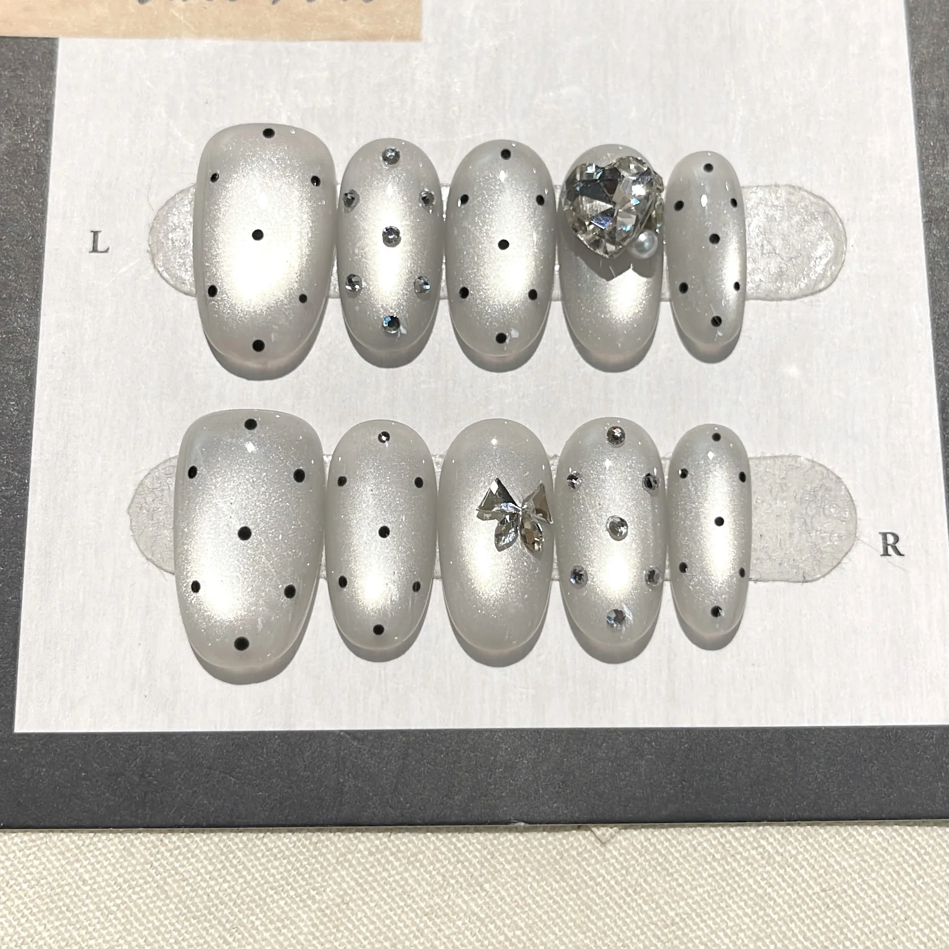 10PCS Original Handcrafted False Nails, Silver Cat Eye Press On Nails with Black Dots & 3D Rhinestone Nail Art Tips