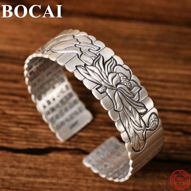 

BOCAI Real Sterling Silver S999 Bracelets for Men Women Lotus Sutra Mantra Opening Bangle New Fashion Jewelry Free Shipping