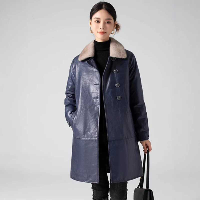 Dames winter donsjack gewaxte schapenvacht ganzendons nertsenbontkraag riem slim fit blauw halflange warme lederen jas