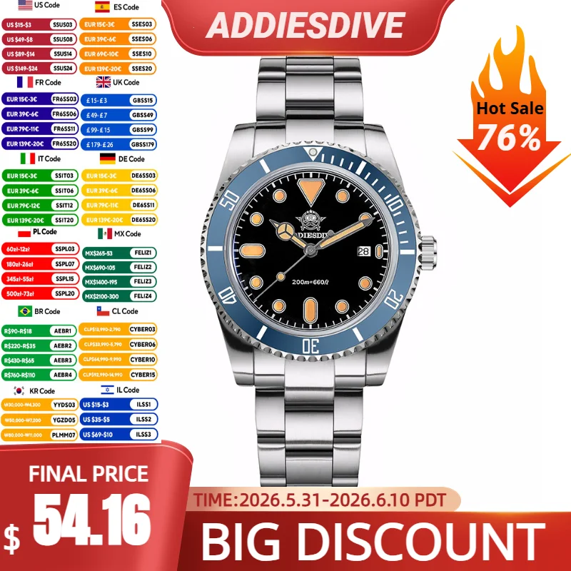 

ADDIESDIVE Luxury 39mm Men's Diving Watch 200m C3 Luminous Bubble Mirror Glass Ceramic Bezel Quartz Analog Watch Gifts for men