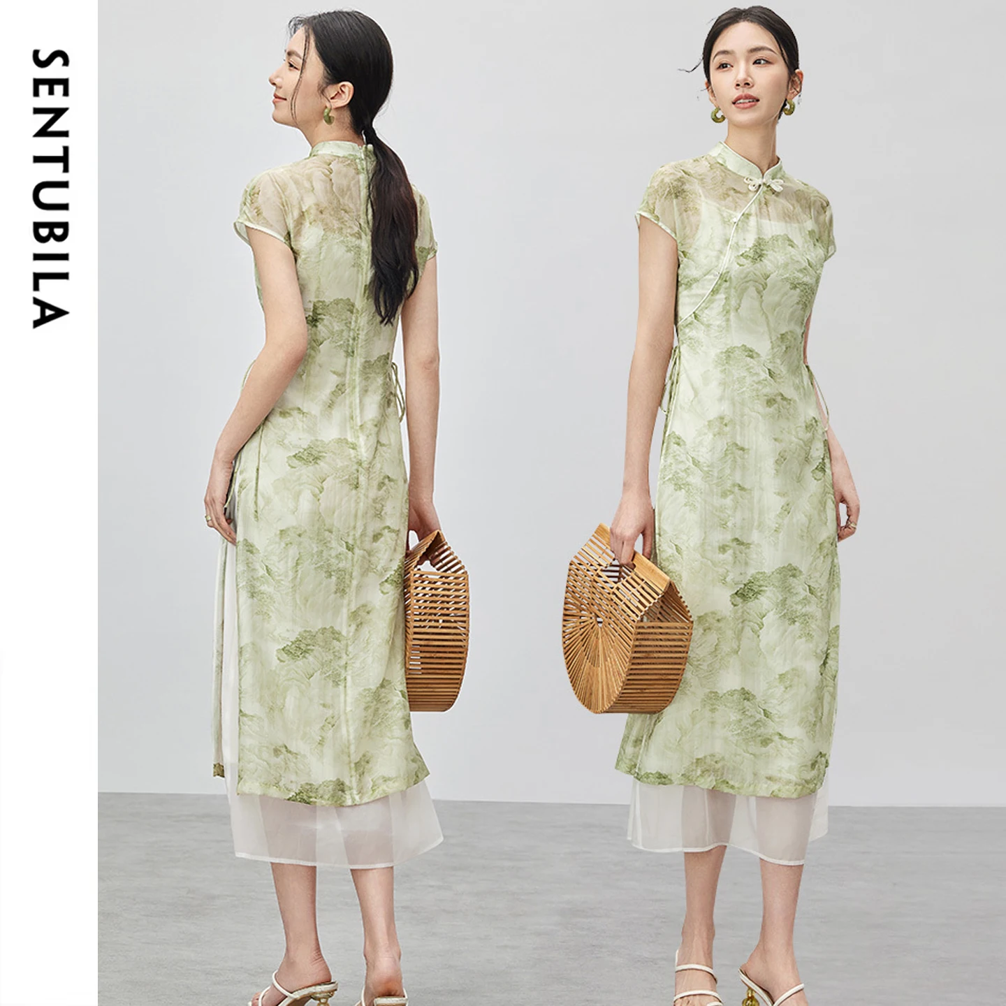 

SENTUBILA Women's Qipao Dress 2026 Summer White Slip Dress + Stand Neck Lyocell Print Dress Elegant Ladies 2 Piece Set 142L54685
