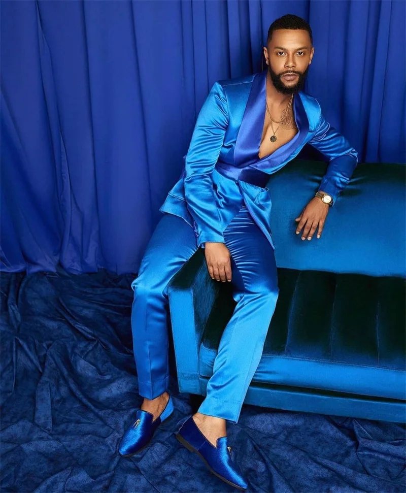 

High Quality Designs Blue Satin Groom Tuxedos Groomsmen Shawl Lapel Best Man Blazer Mens Wedding Suits Jacket+Pants+Belt