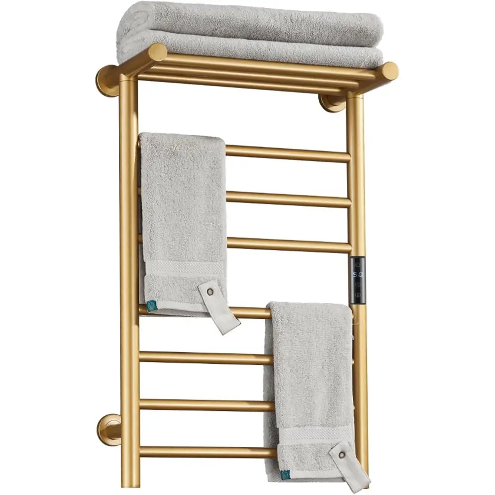 

Электрическая сушилка для полотенец с подогревом, встроенным таймером и светодиодным индикатором | Таймер на 1-8 часов, золотистый настенный полотенцесушитель с 7 перекладинами и верхней полкой.