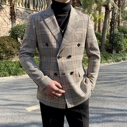 Autumn New Men's Business Casual Coat Blazers Double-breasted Lattice /Korean Version Slim Men's Suit Coat Jackets Dress Tuxedo