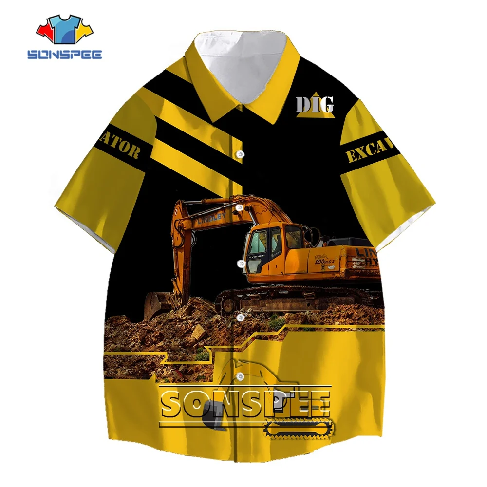 

SONSPEE Yellow Excavator 3D Printing Hawaii Shirt Men Women's Oversize Trend Clothing Short Sleeve Man Oversized Tops Blouses