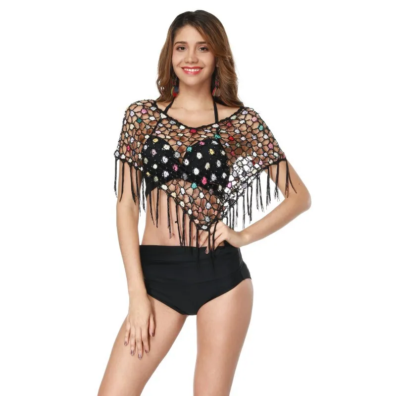 Women Sexy Black Hollowed Out Bikini Cover Ups Beach Shawl Cape Tops Hand Crochet Embroidered Flowers Bead Tassels Beachwear