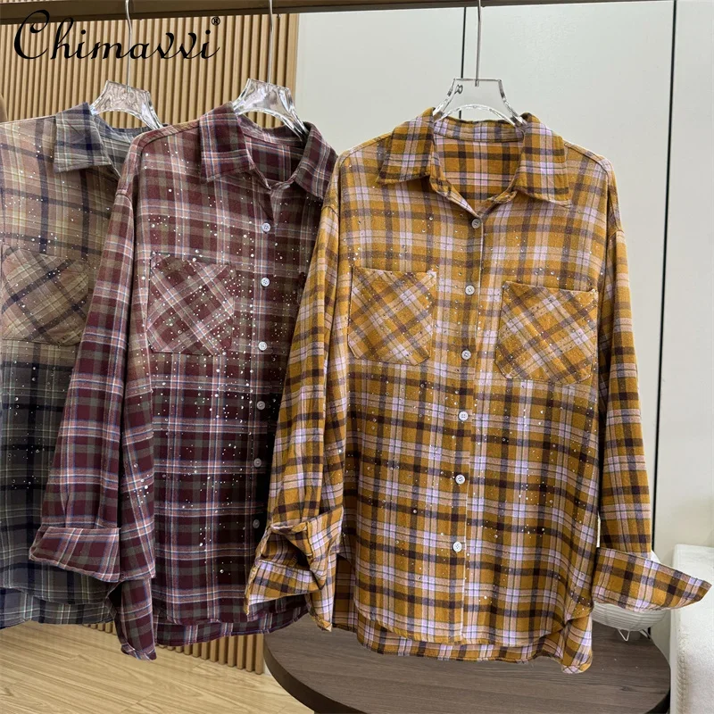 European Station Retro Heavy Hot Diamond Gradient Plaid Long-sleeved Shirt Autumn New Fashion Loose Casual Women Tops Camisas