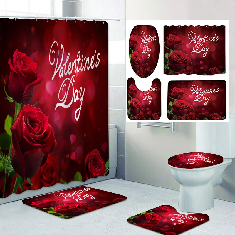 Valentine's Day Rose Shower Curtain Bath Sets Waterproof Non-Slip Bathroom Rug, Toilet U  With 12 Hooks Home Deco Free Ship