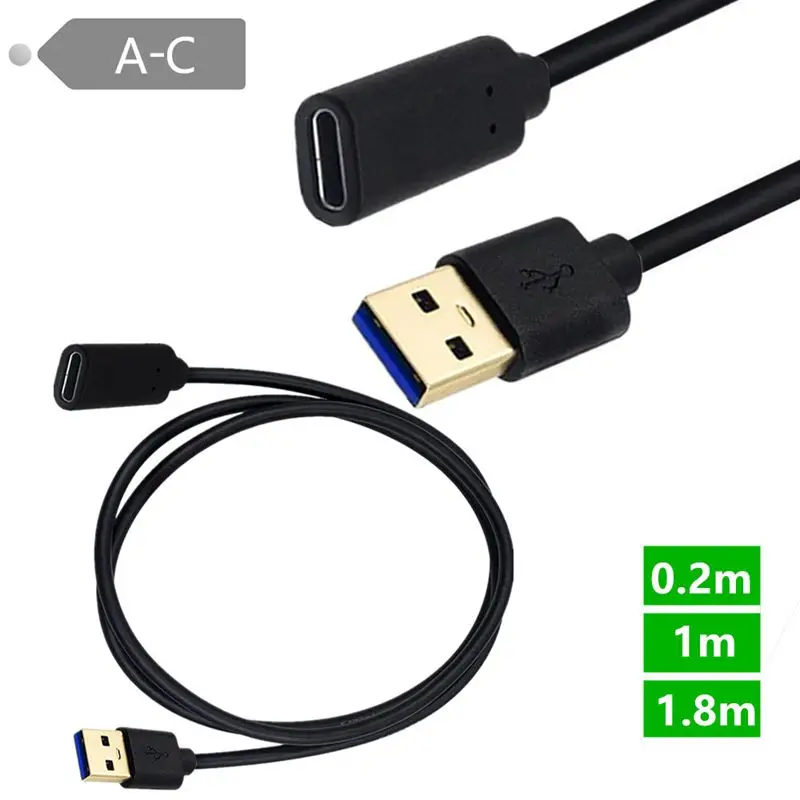 20cm 1m 1.8m Gold Plated 5Gbps Speed Data 3.1 Type-C Connection Cable USB3.0 A Male to Type-C Female With Ear Data Cable