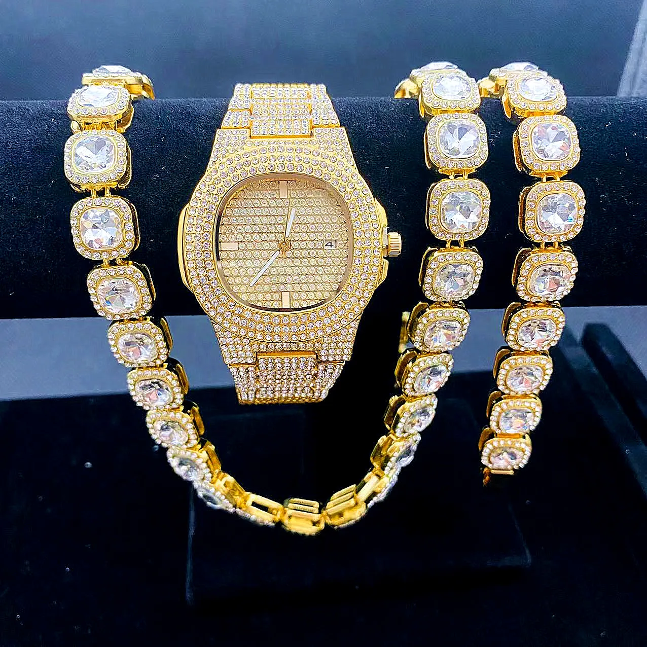 3 pçs iced out relógio + pulseira + colares para homens mulher casal relógio de ouro link correntes bling jóias conjunto para relógios masculinos reloj