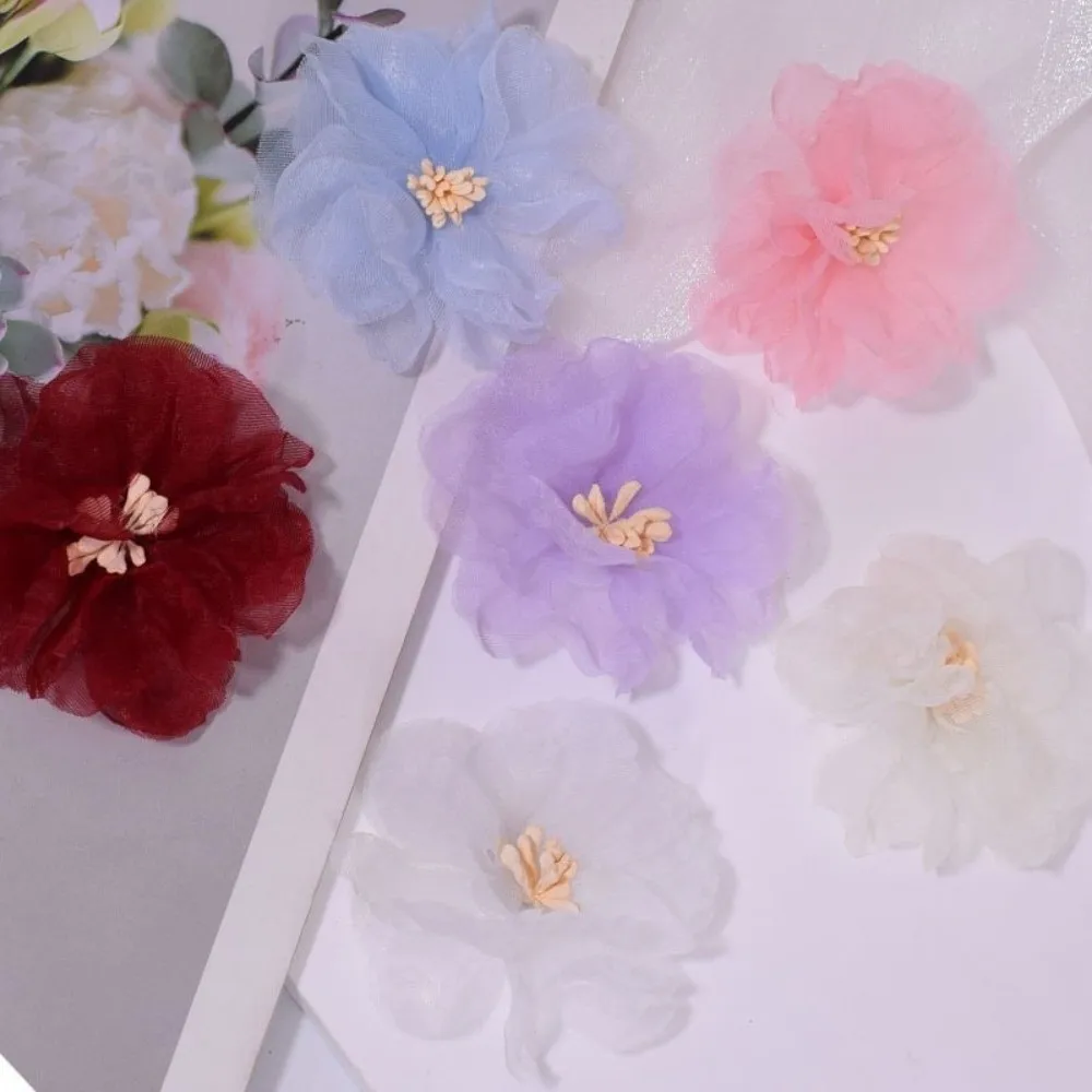 10Pcs 5.5cm Organza Artificial Flower Appliques 3D Translucent Chiffon Flower Embroidered Patches Colorful