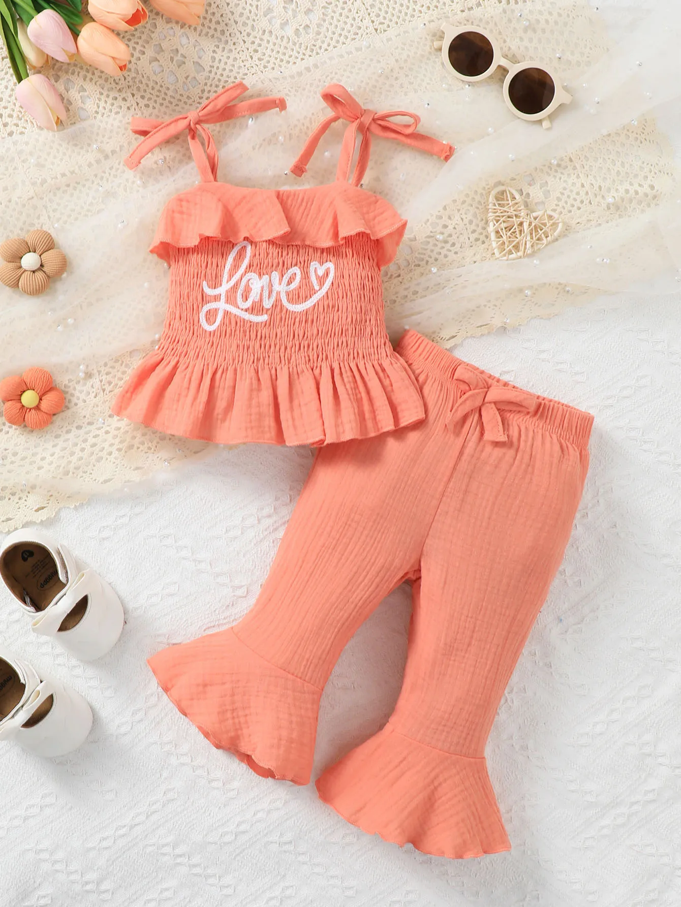 Baby Girl's Romper Top + Pants Two-Piece Set Fashionable Flared Pants for Summer Casual Wear