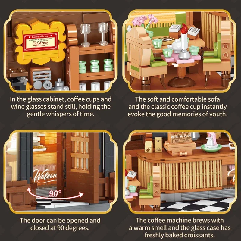 1904 個アメリカンコーヒーショップビルディングブロックキット MOC モジュラーストリートシーンアーキテクチャレンガ家の装飾のおもちゃ子供のためのギフト