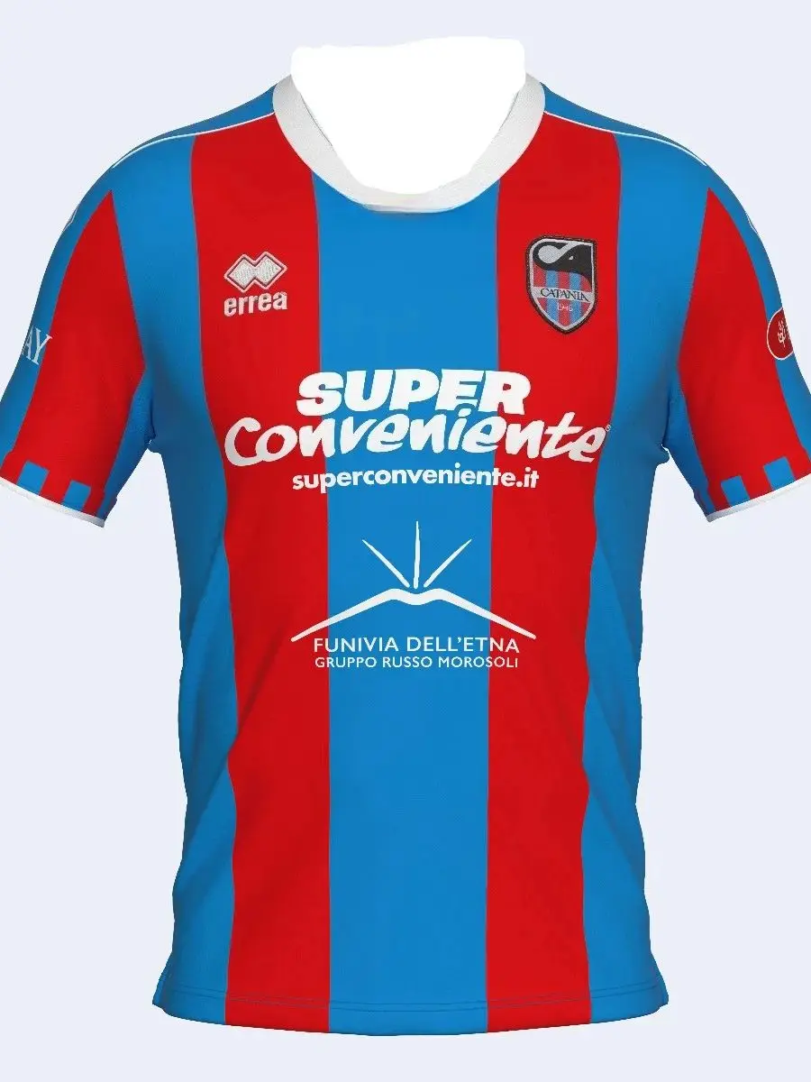 قمصان Catania Away الجديدة للموسم 25-26 تتميز بطبعات رقمية ثلاثية الأبعاد بخطوط حمراء وزرقاء لكل من الرجال والنساء