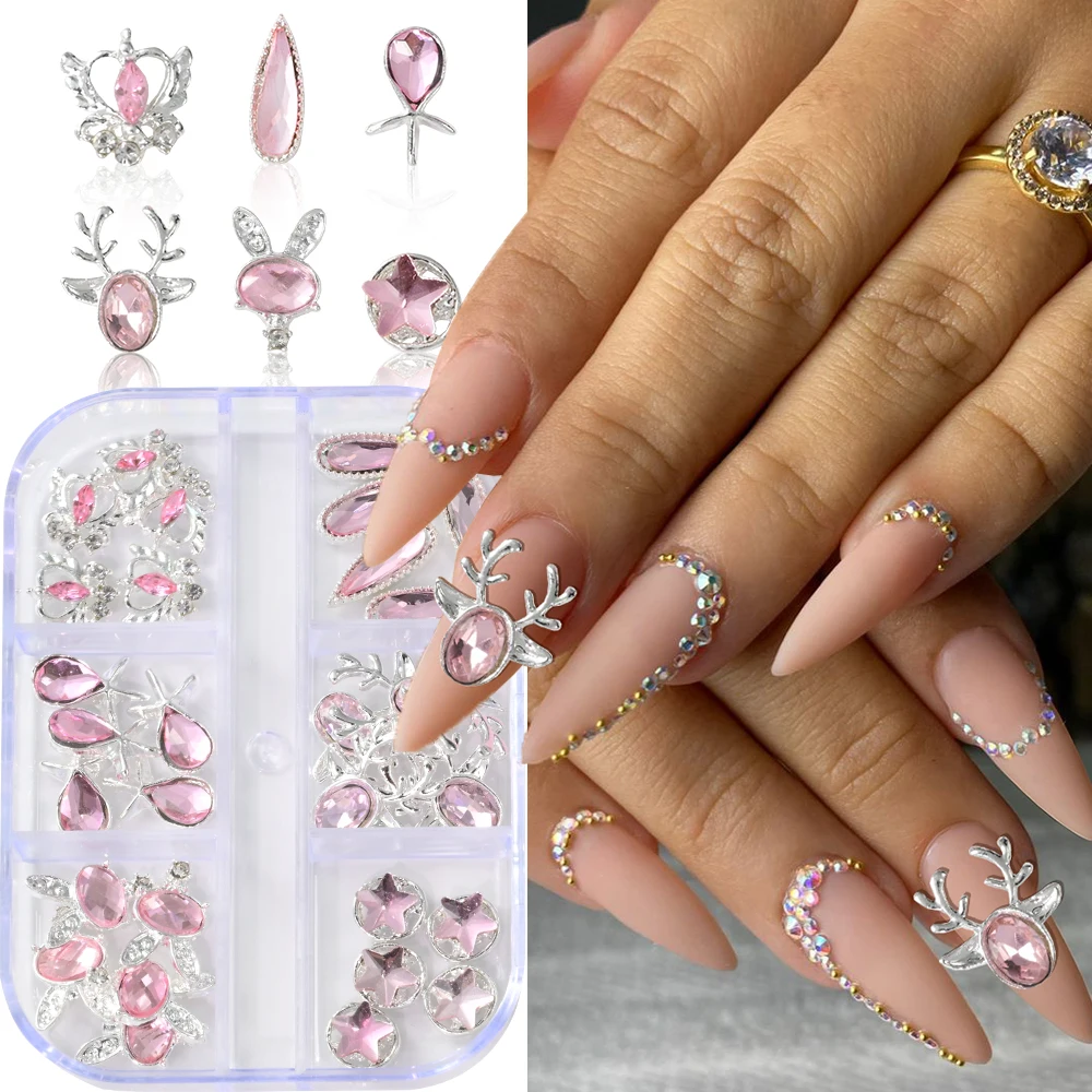 30Pcs 3D Pure Pink Waterdrop Star Diamond Nail Rhinestones Glitter Silver Heart Elk Rabbit Nail Charms DIY Manicure Accessories.