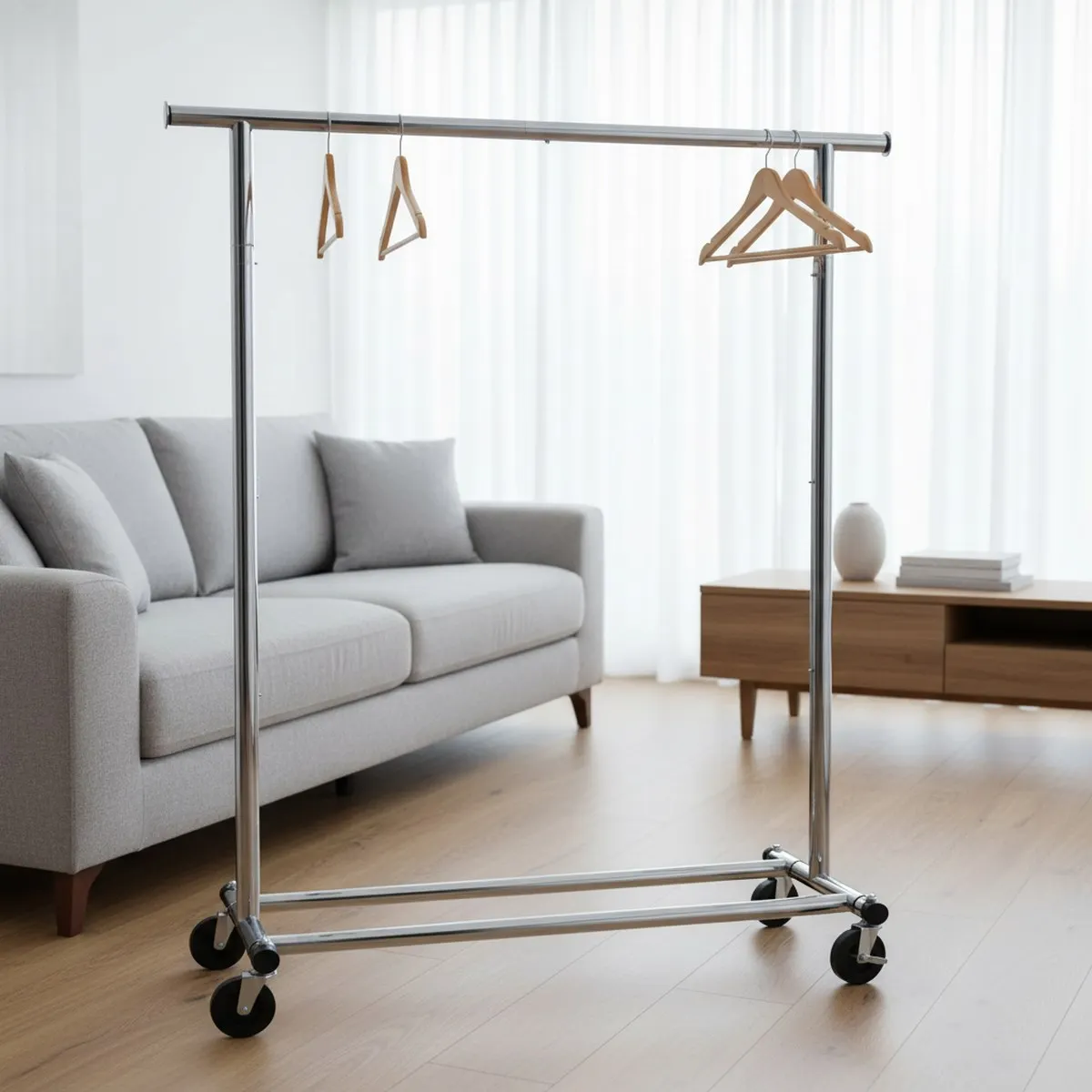 Sturdy Extendable Clothes Rack Chrome Max 150lb Capacity Adjustable Width