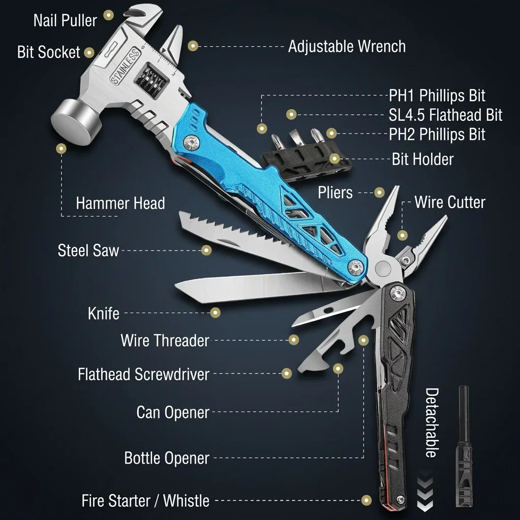 High-Carbon Steel Multitool Hammer with Wrench, Pliers, Saw & 3 Screwdriver Bits, Rust-Resistant EDC Survival Tool