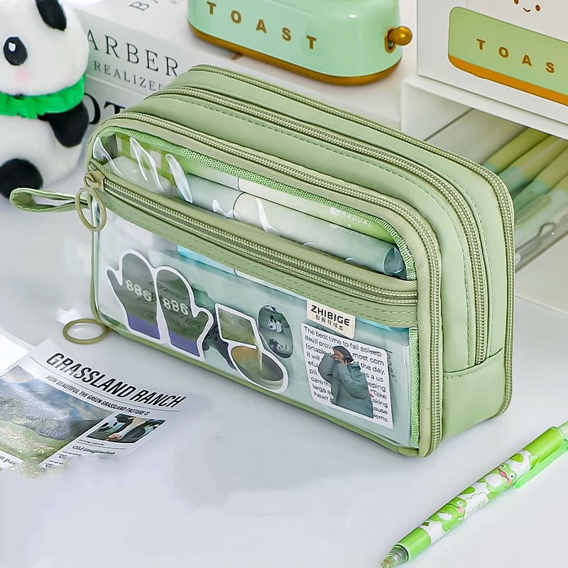 Dual-side Transparent Pencil Bag Pen Case 4 Layer Multi Pocket Storage Pouch for Stationery School A7628