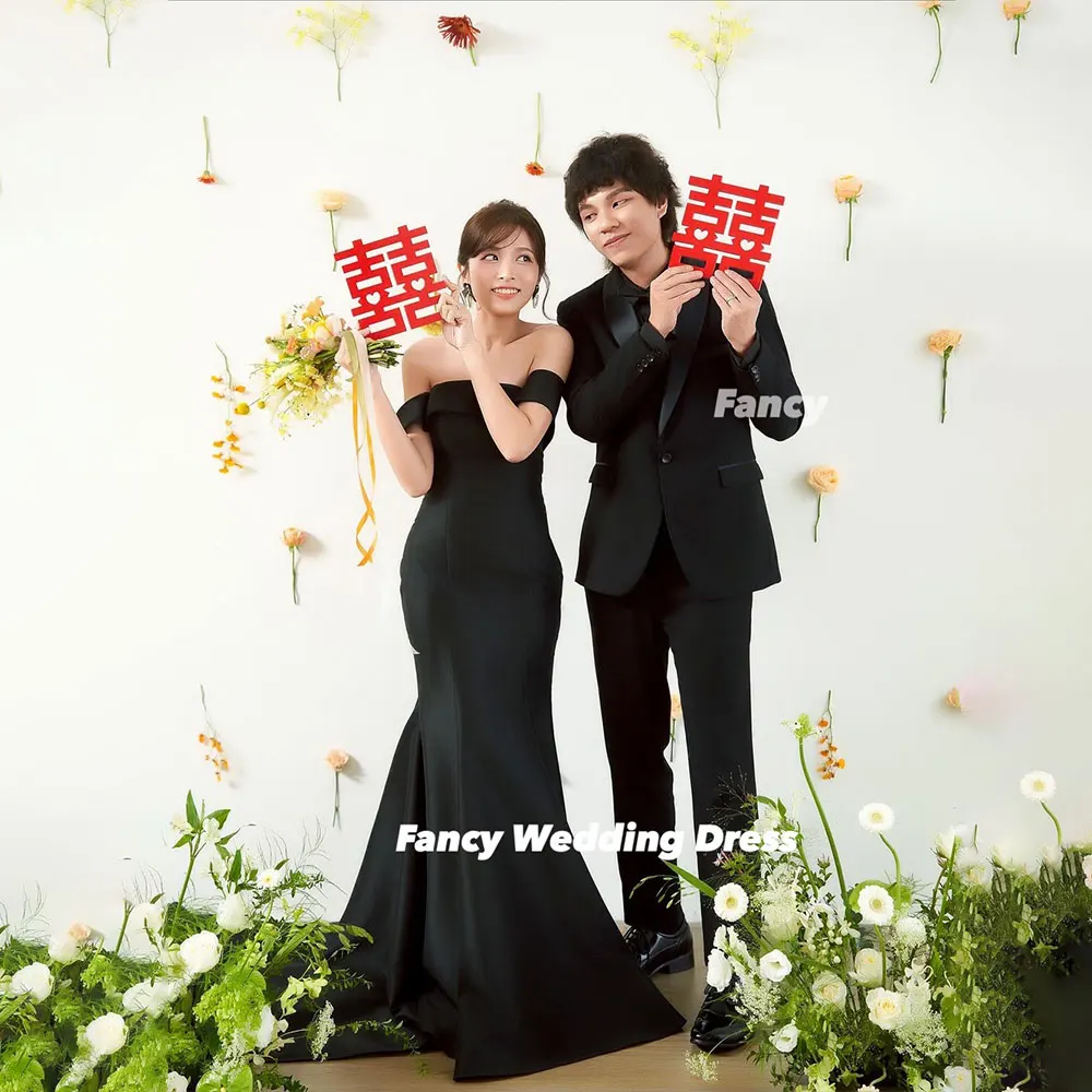 Fancy Simple Mermaid Korea Wedding Dress Photoshoot Off Shoulder Elastic Satin Evening Dresses Short Sleeve Customized