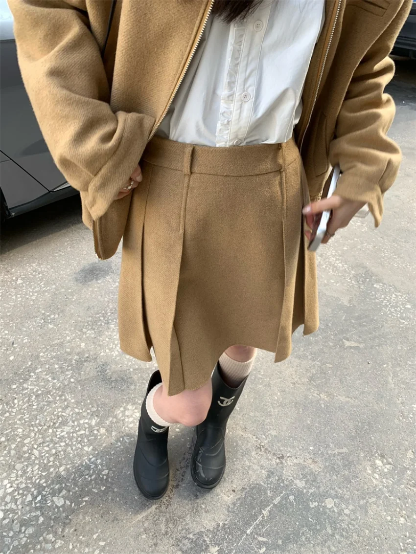 

Alien Kitty Vintage Khaki Women Baseball Jackets Autumn High Street 2025 Pleated Mini Skirts Casual New Loose Office Lady Sets