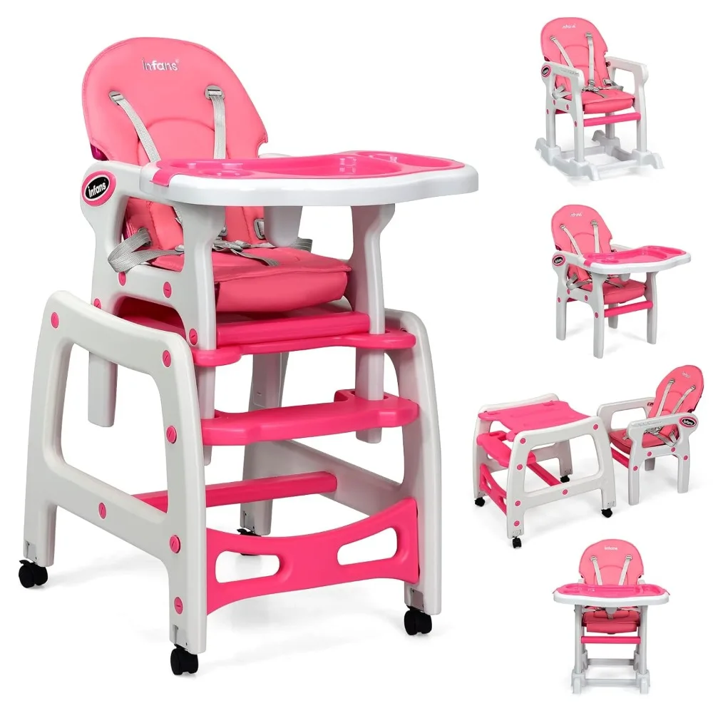 

5 in 1 Baby High Chair, Convertible Toddler Table Chair Set, Rocking Chair, Multi-Function Seat with Lockable Universal Wheels,