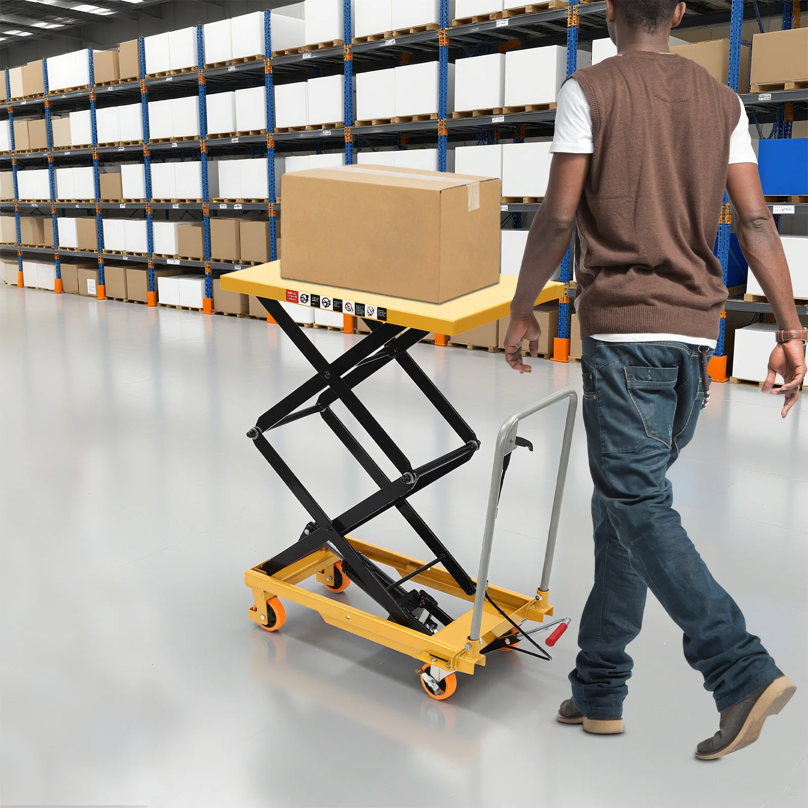 

Гидравлический ножничный подъемный стол, емкость 770 фунтов, желтая тележка с гидравлической платформой 90x50x97 см, двойной ножничный подъемный стол с нескользящим ковриком