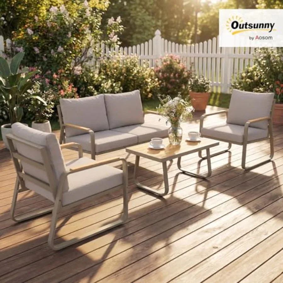Outdoor 4-piece conversation set for patio or poolside: brown metal frame loveseat, 2 armchairs, coffee table, and matching cus