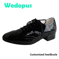 Wedopus Customized High Quality Black Shoes Man Dance Shiny Leather Low Heeled Men Dance Shoes Ballroom