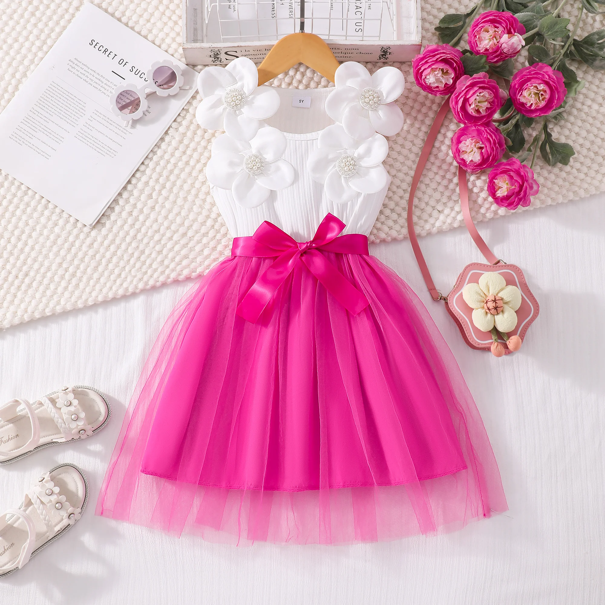 4-7 Years Girls Cute Red Tulle Dress - 3D Flower Decor Summer Dining & Travel Dress