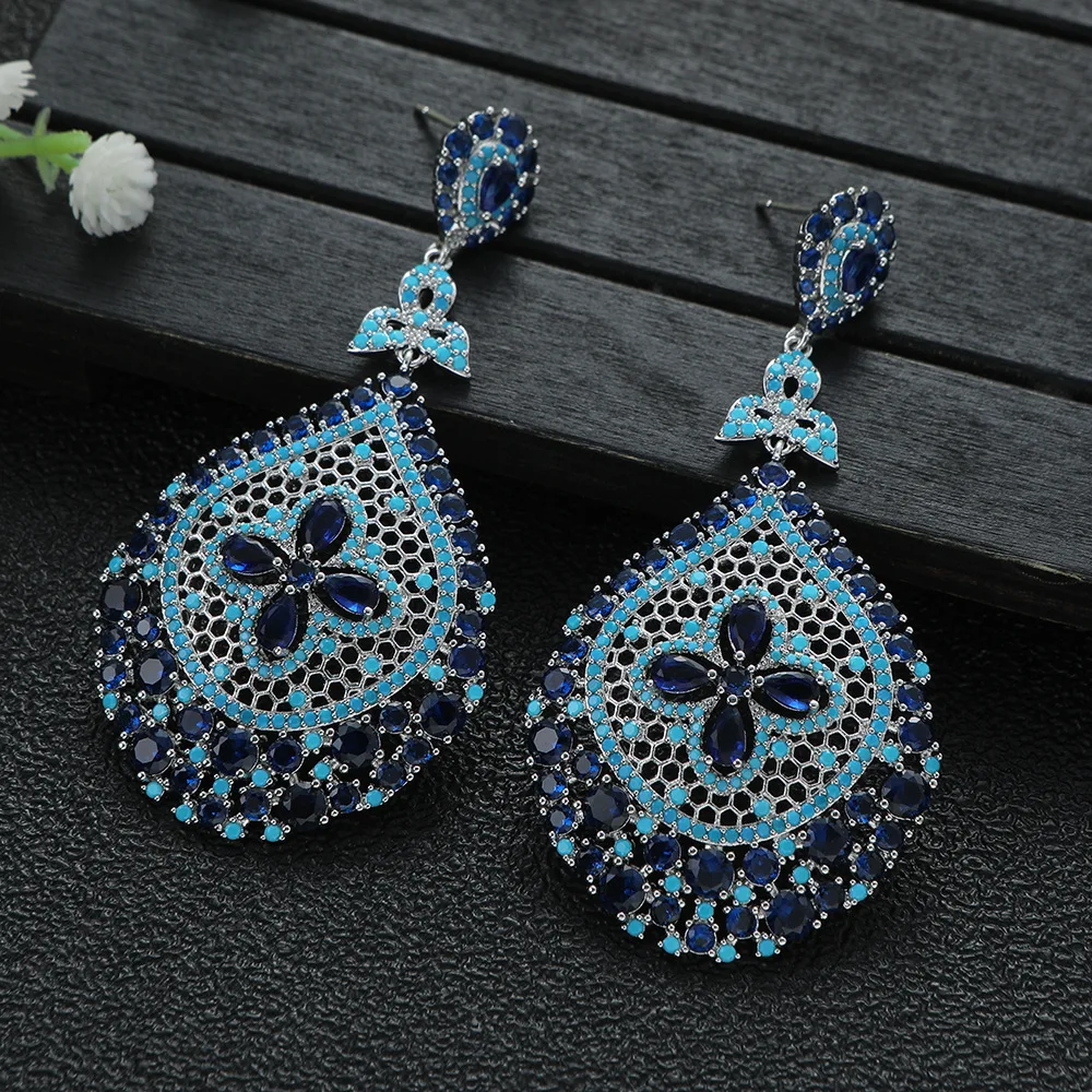 vintage luxury earrings zirconia blue purple gold silver color long pendant earrings flower oval drop women jewelry gift