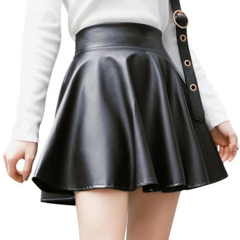 

Womens Autumn PU Faux Leather Elastic High Waist A-Line Short Skirt Solid Color Pleated Flared Casual Mini Dropship