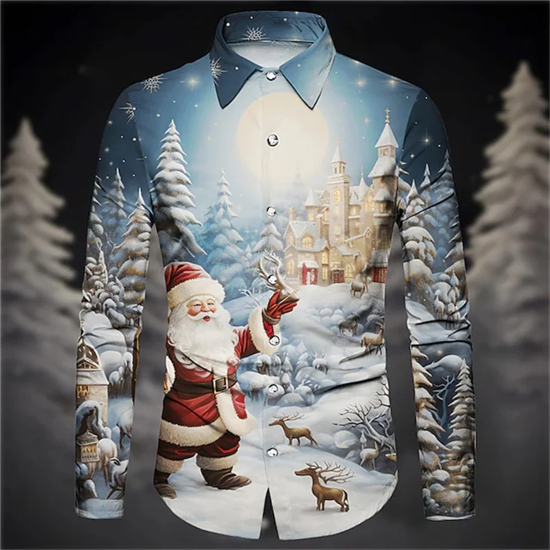 Christmas men's Santa Claus print shirt daily wear for going out autumn and winter lapel long sleeve navy blue, blue, sky blue