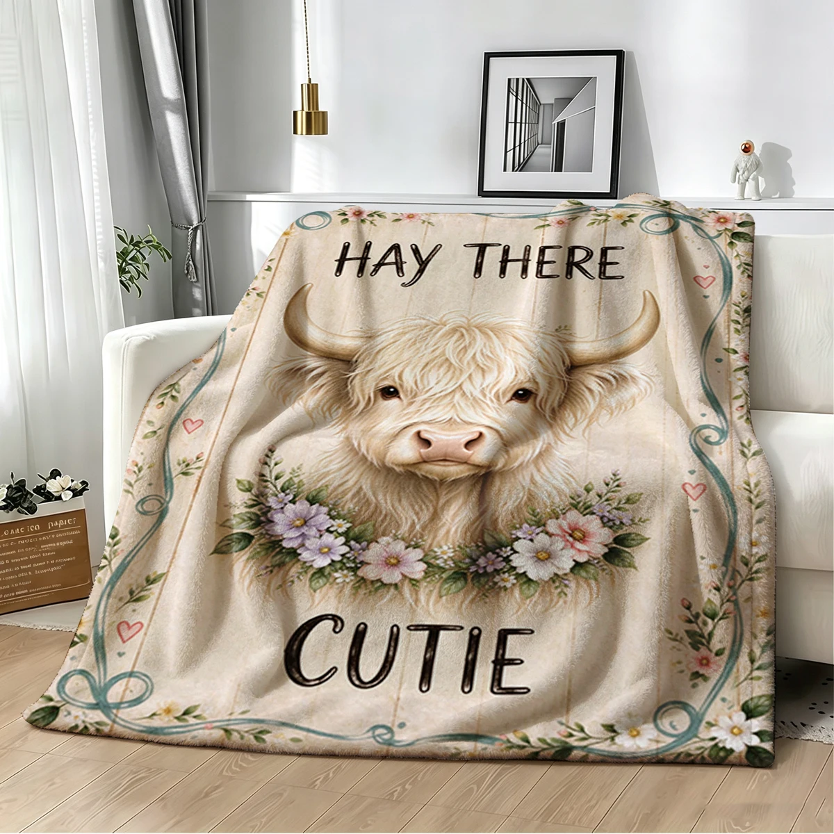 Hay There Cutie Highland Cow Flannel Blanket Warm Soft Halloween Christmas Decorative Couch Warm Cozy All-Season Gift
