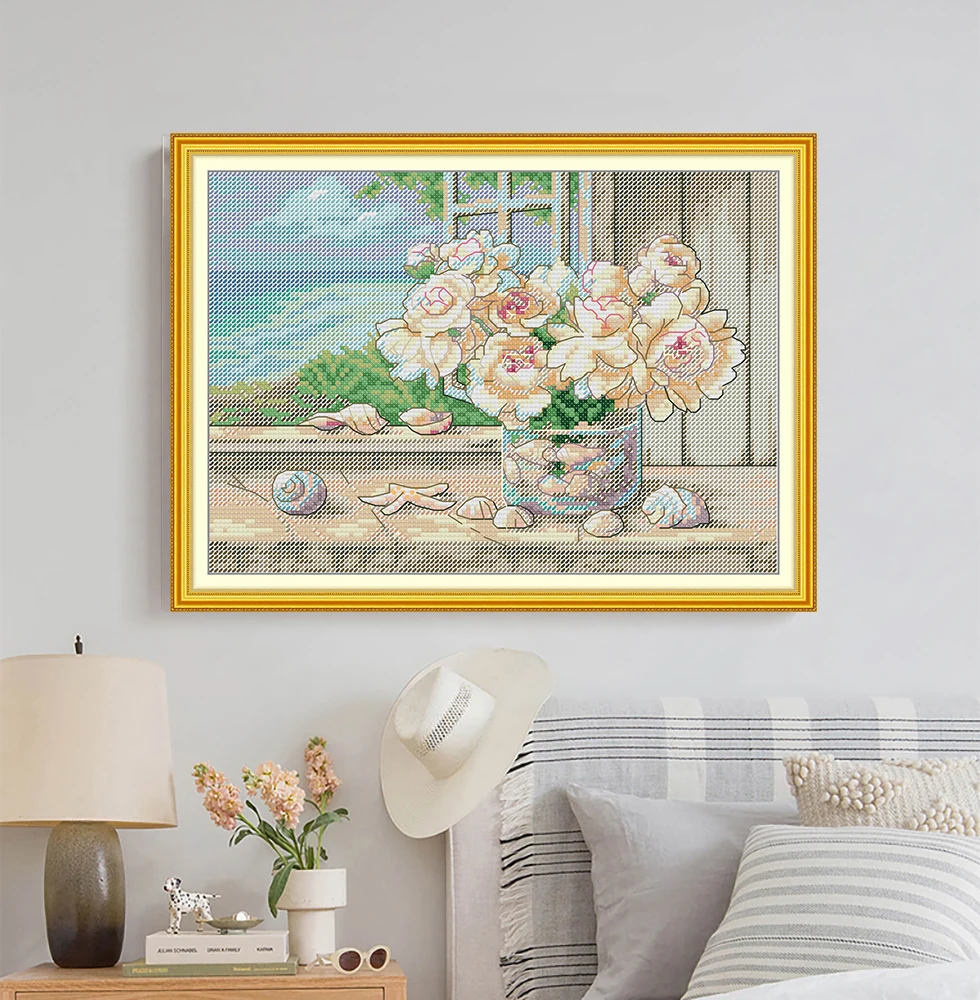 Cross-embroidered flowers on the windowsill, hanging picture in the living room, 11CT/14CT hand-embroidered