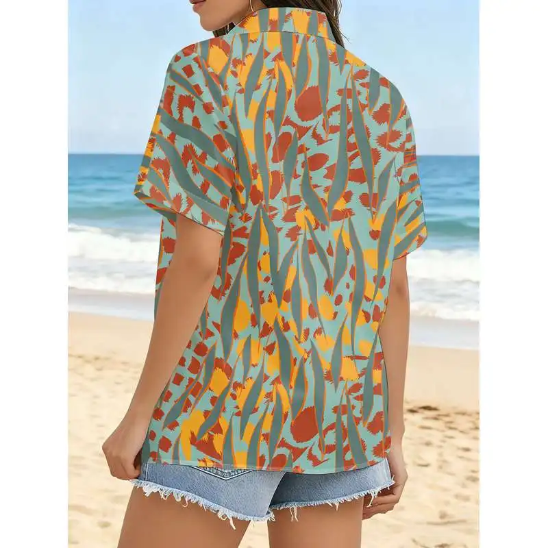 Women's Button-Down Short-Sleeve Shirt Teal Gray Orange Red Abstract Interwoven Patterns Casual Commuter Top Machine Washable