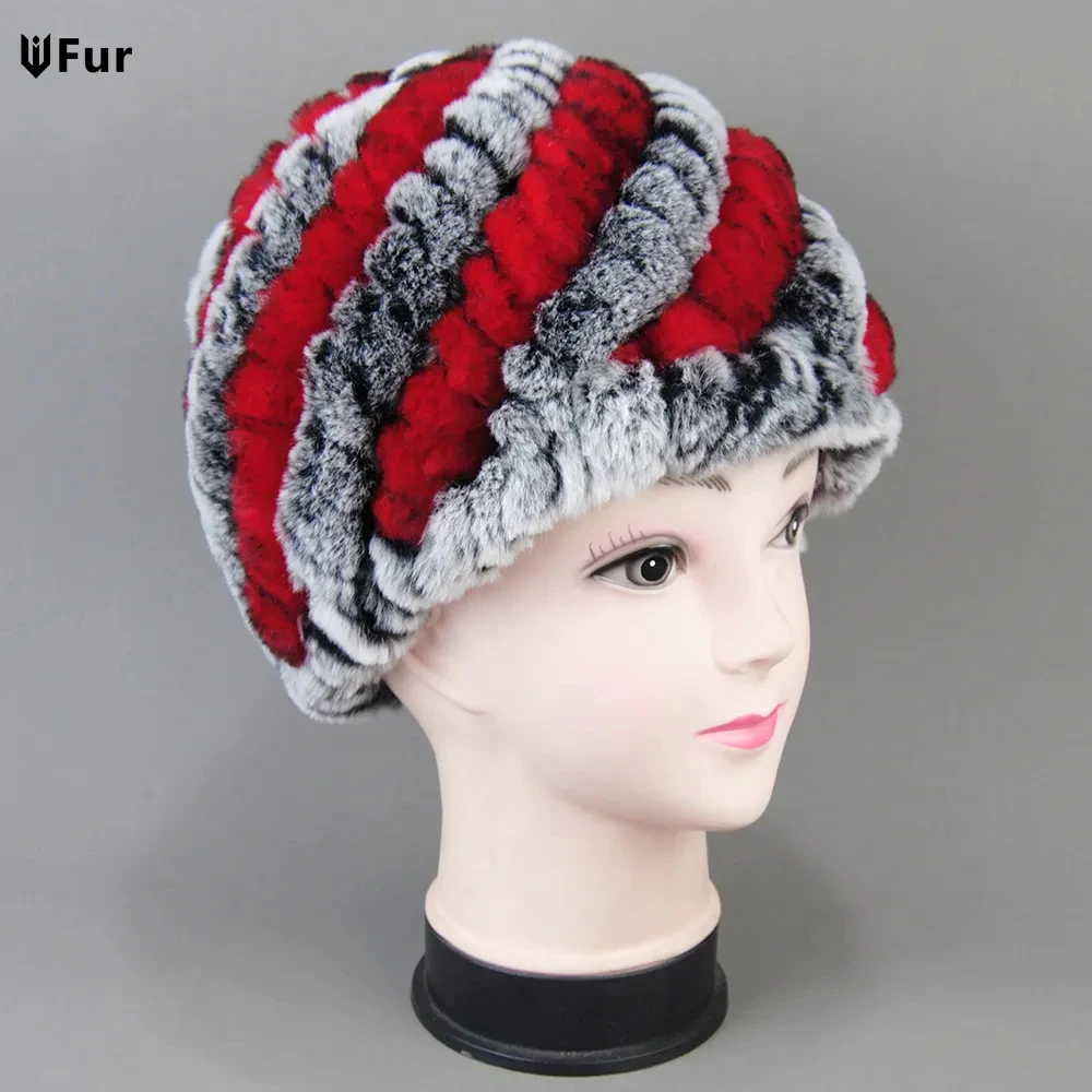 

Fashion Women's Cap Real Rex Rabbit Fur Winter Fur Hat For Women Russian Real Fur Knitted Cap Headgear Winter Warm Beanie Hats