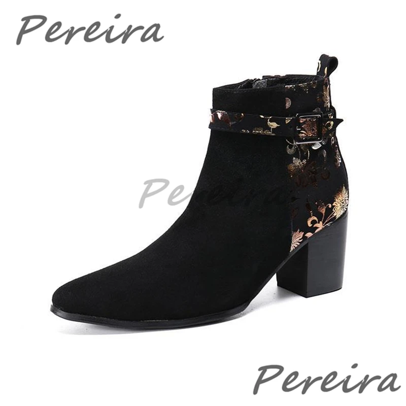 

Men's Suede Leather Pointed Toe High Heels Short Boots Luxury Golden Print Side Zipper Chelsea Boots Spring Autumn Dress Shoes