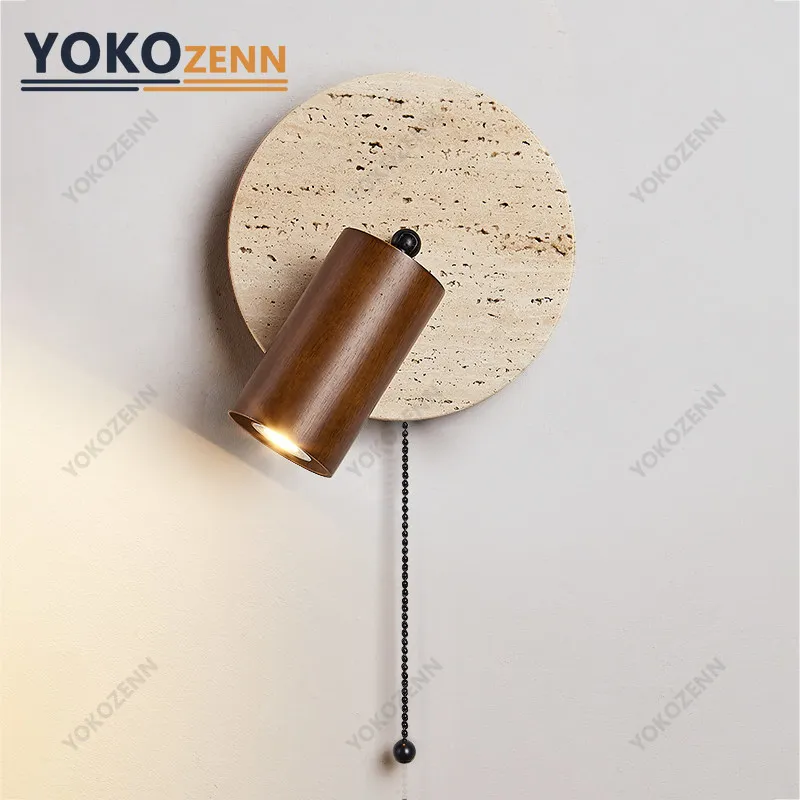 

YOKO Wooden Stone LED Wall Sconce Rotatable Bedside Wall Lamp Pull Chain Light for Bedroom Living Room Corridor Home Decor