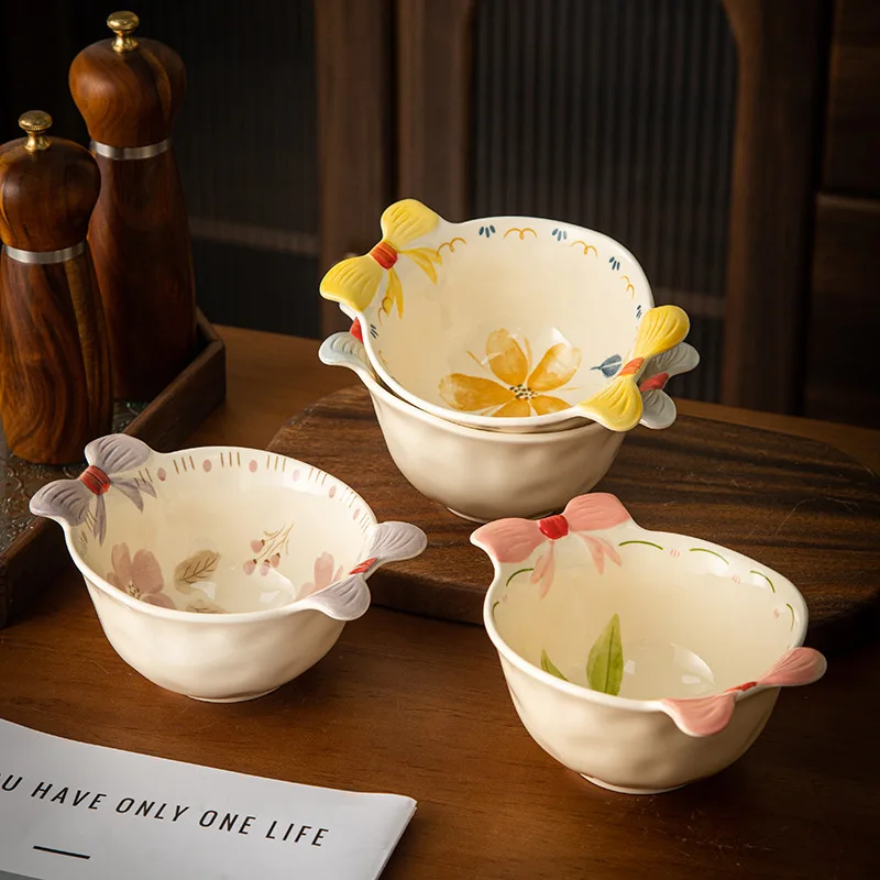 Bow Ceramic Bowl with Double Ears,High-value Home Rice Bowl Soup Bowl Tableware,Cream Colored Yogurt Dessert Flower Bud Plate