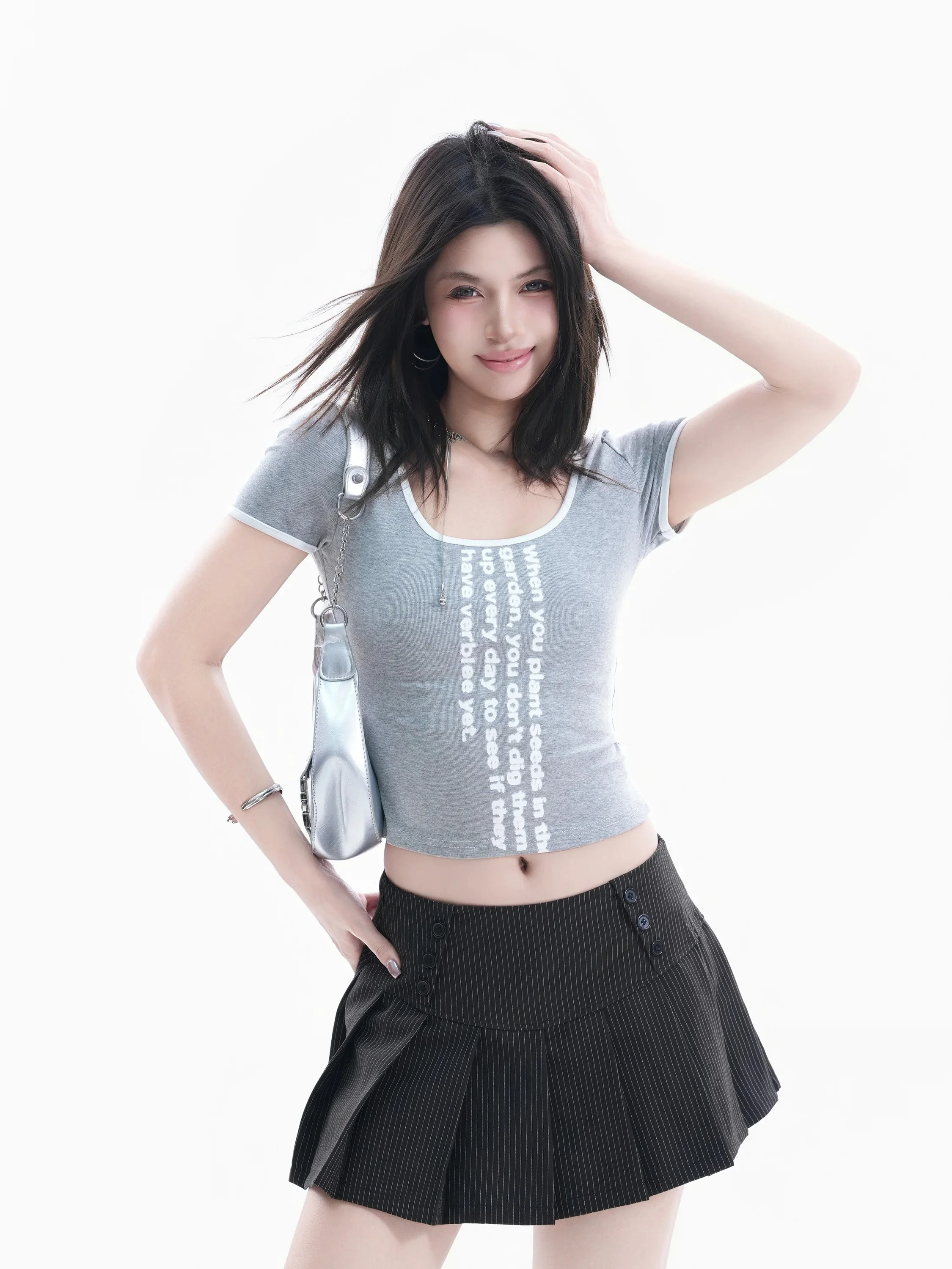 Retro American U-neck Short Sleeve T-shirt Women's Vertical Letter Print Sweet Cool Short Style Top Fashionable Cotton Tee