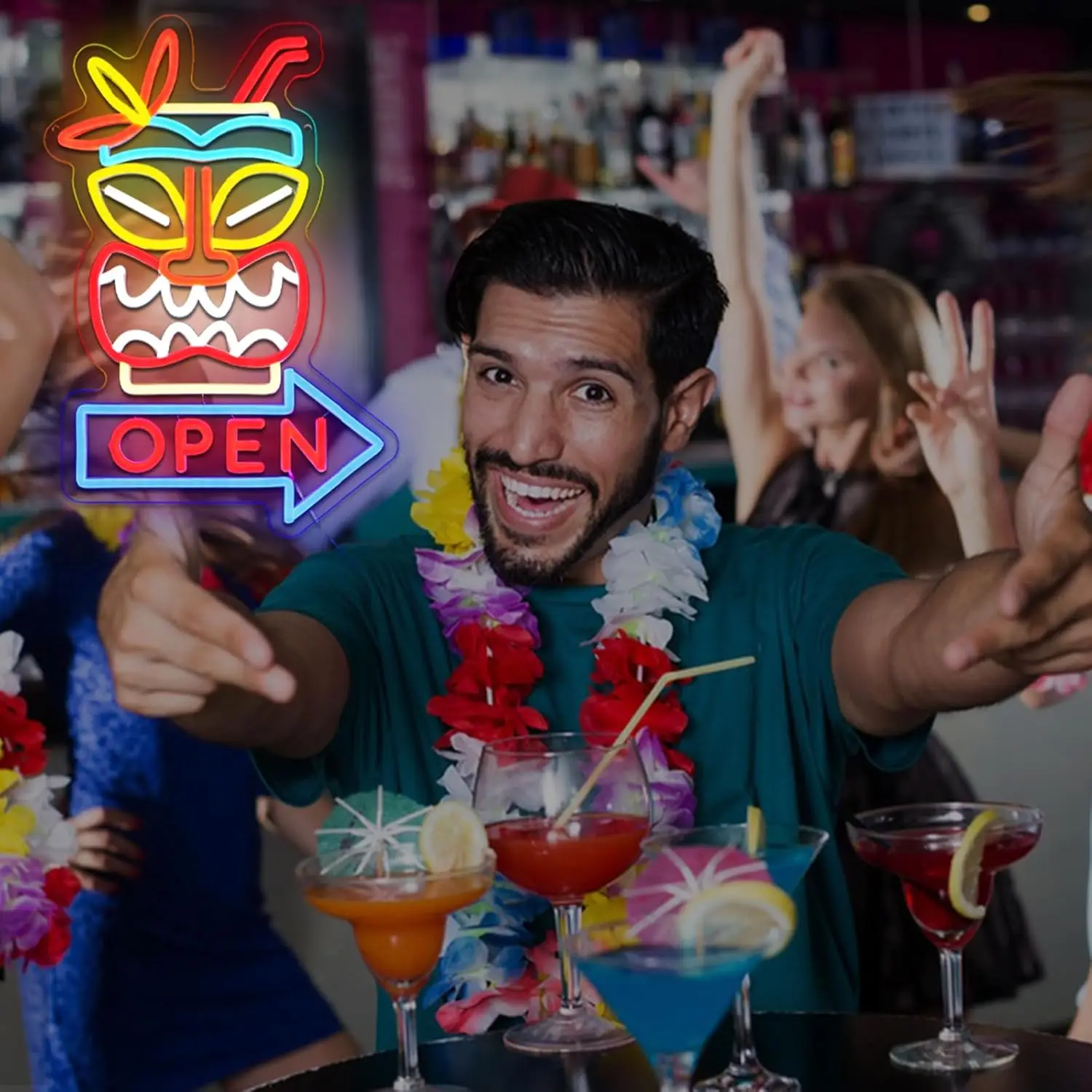 Tiki Bar Open Neon Sign  USB Dimmable LED Neon Light  for Beer Bar Beach Recreation Room Shop Tropical Party Decoration Gift