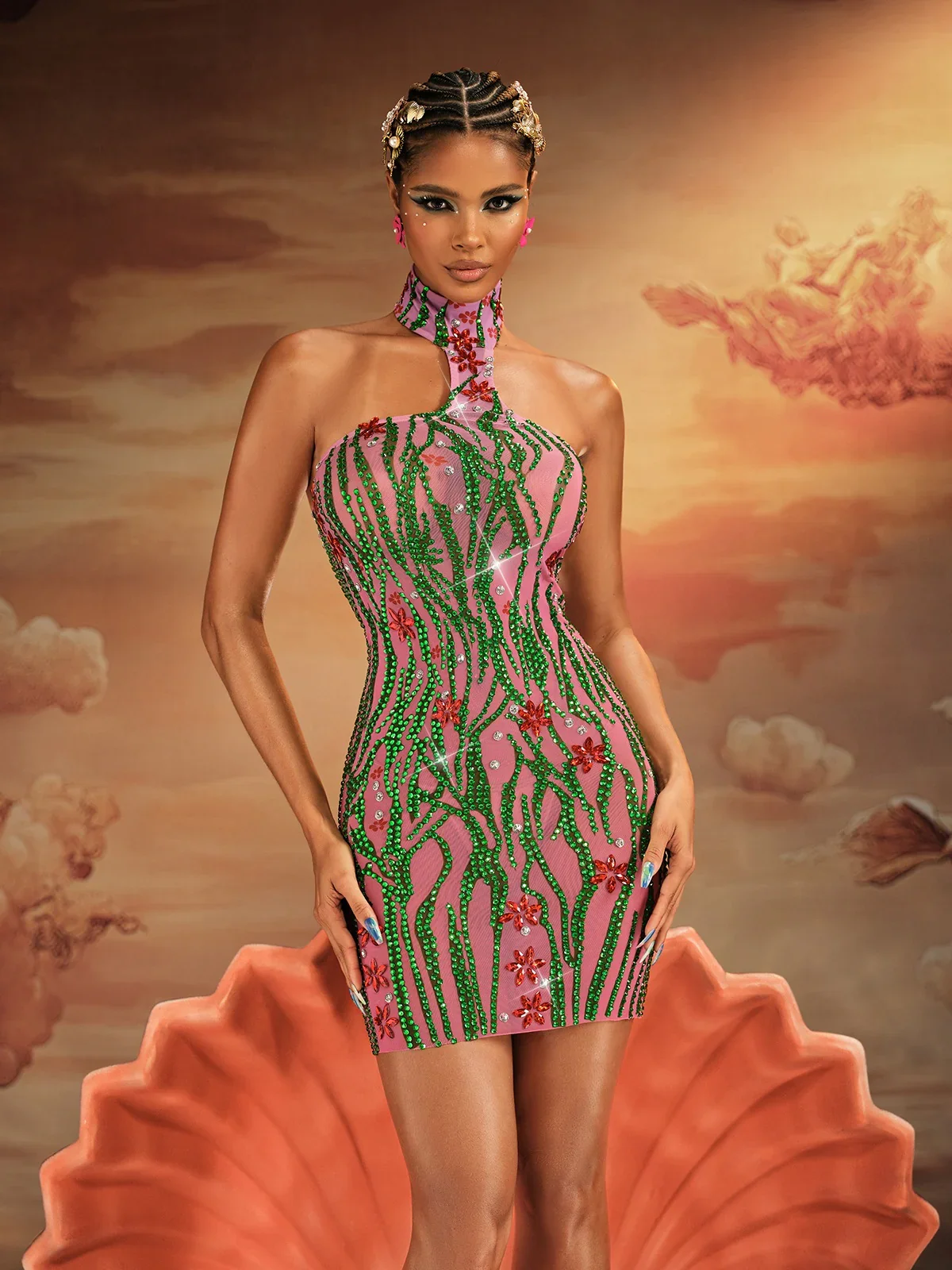 

Women Luxury Evening Dress Pink Green Halter Crystal Beading Backless Bodycon Mini Showgirls Stage Costumes Evening Club Party