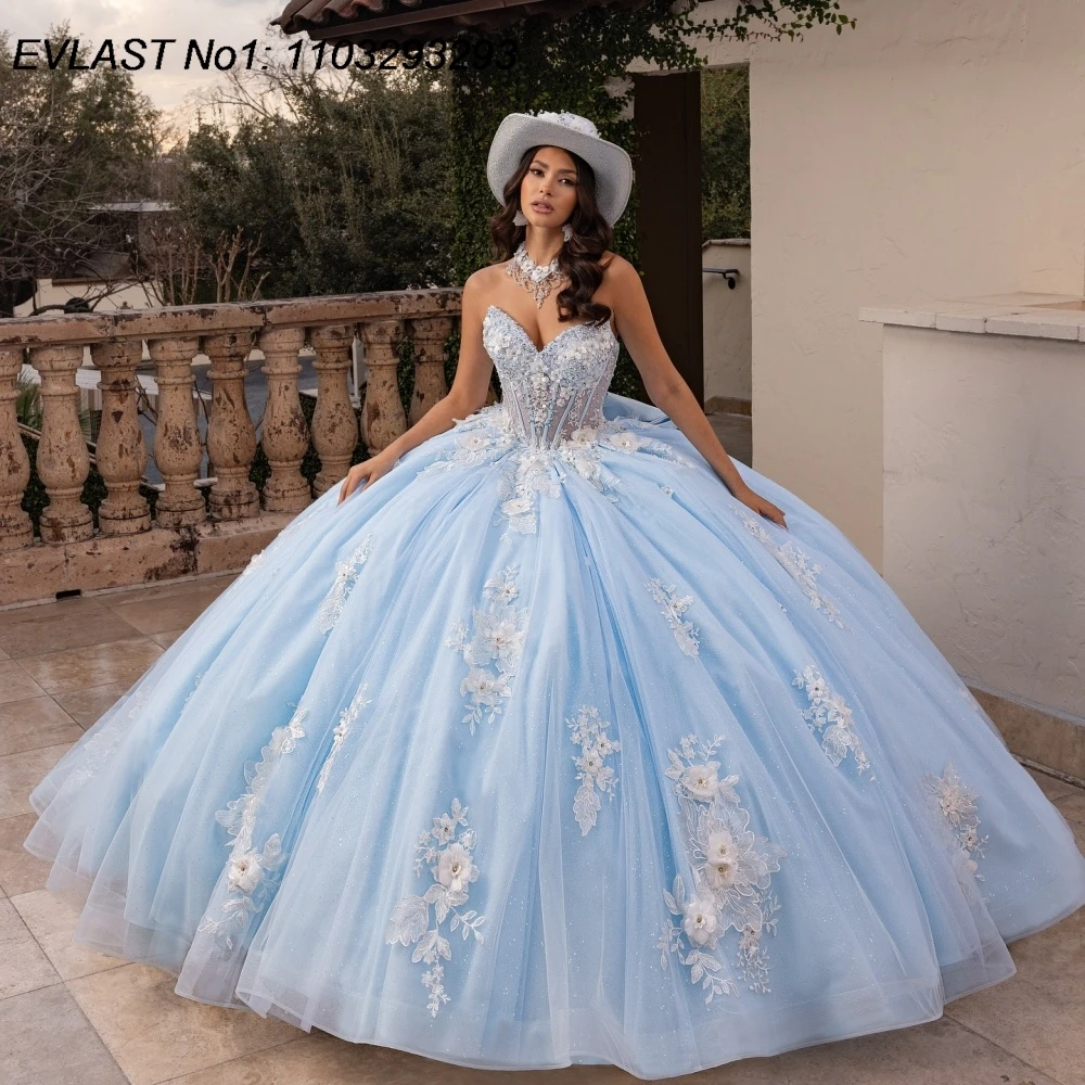

EVLAST индивидуальное мексиканское небесно-голубое бальное платье Quinceanera, кружевное платье с цветочной аппликацией и бисером, Sweet 16, Vestidos De 15 Anos E1QN09
