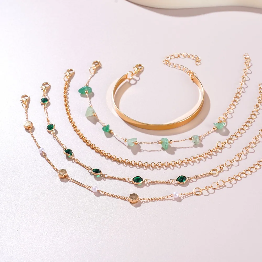 5Pcs Minimalist Gold Color Green Crystal Irregular Stone Layered Bracelet Set for Women Temperament Stackable Jewelry Sets Gifts