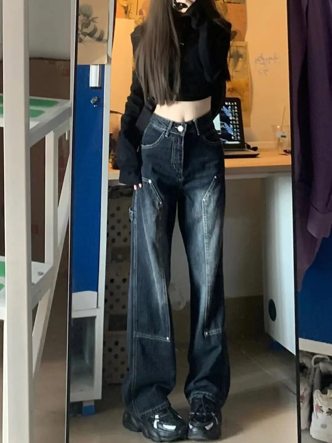 High Street Dark Style Women's Straight Leg Jeans Autumn Winter New Large Pocket Design Gradient Wide Leg Floor-Length Pants