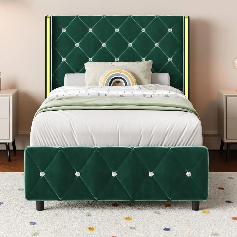 

Velvet Diamond-Tufted Twin Bed with Wooden Slat Support, No Box Spring Needed, Easy Assembly, Green